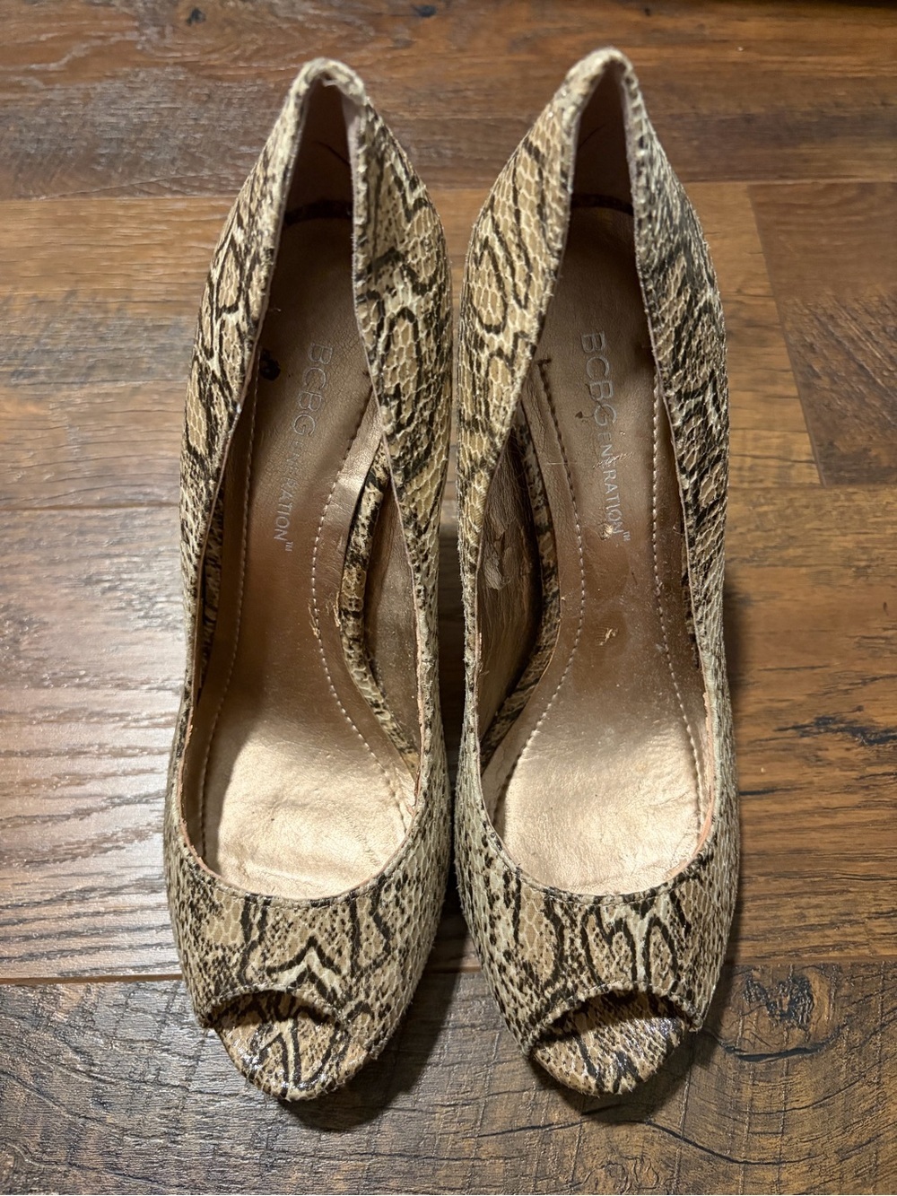 BCBGeneration Snake-Print Peep-Toe Pumps in Tan and Black